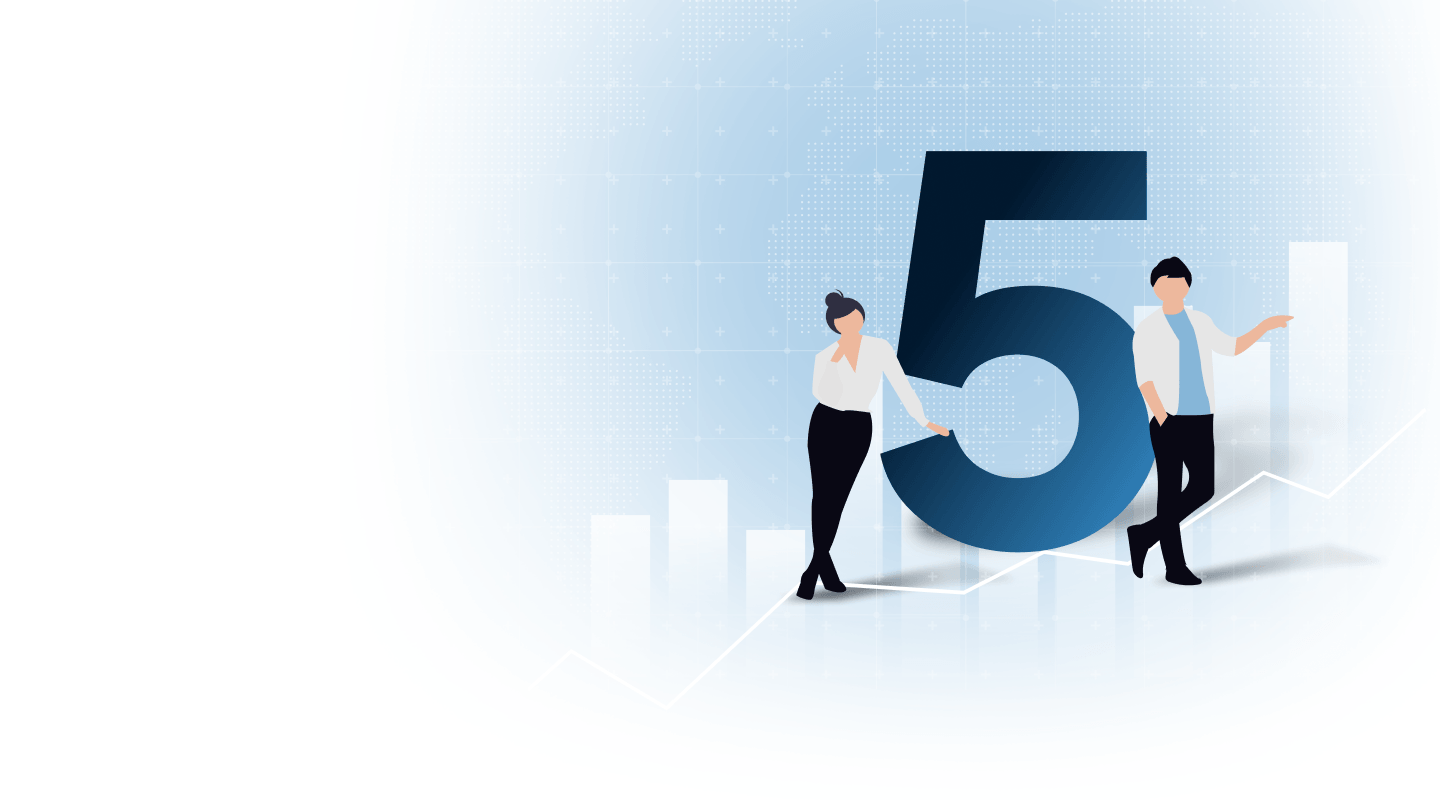 5-Tage-Geldchallenge – Illustration mit zwei Personen neben einer großen Zahl 5 vor steigenden Börsencharts